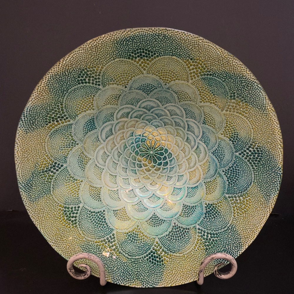 Artistic Accents Turkish Peacock Feather Art Glass 12” Bowl Iridescent New